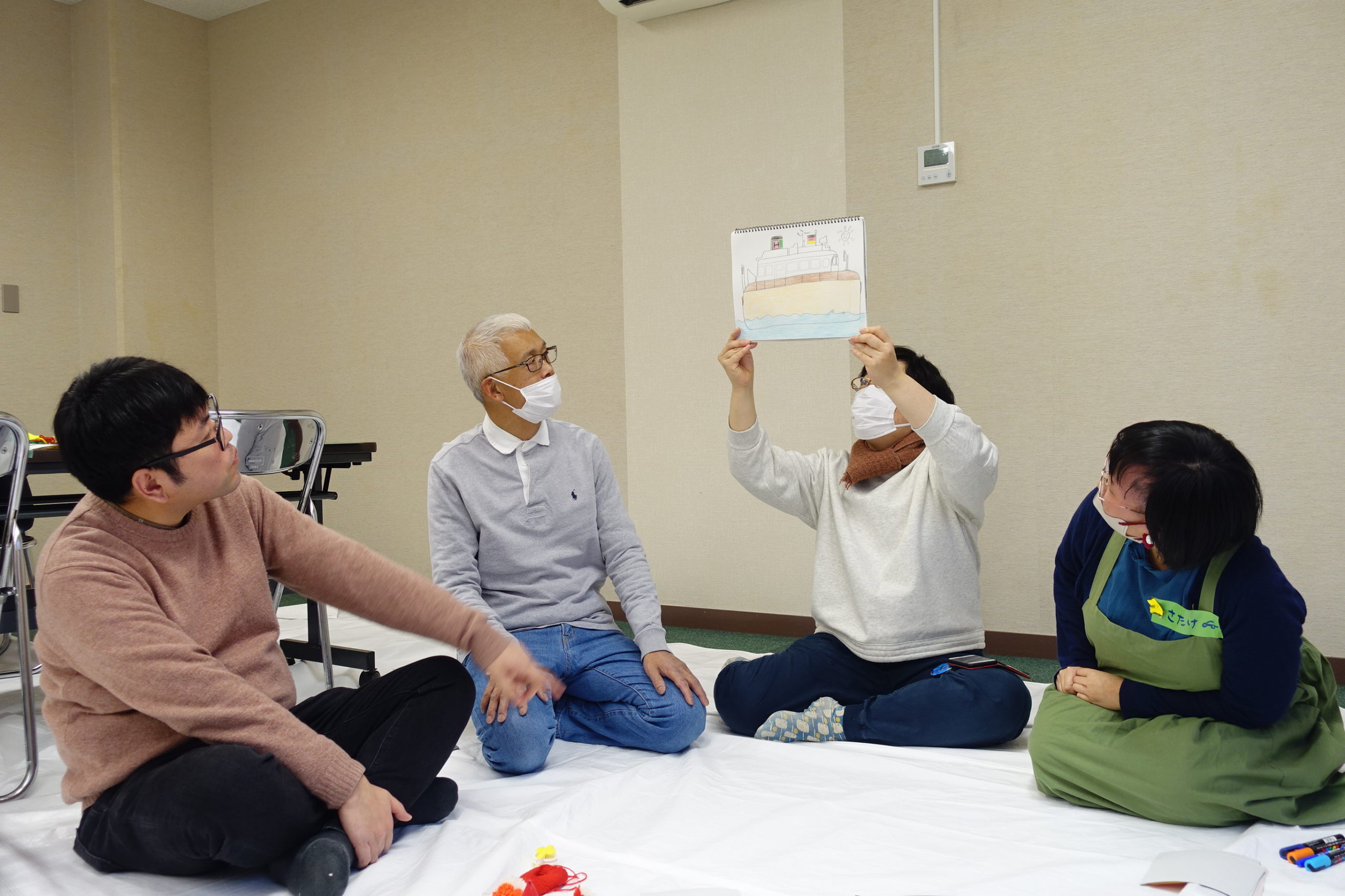佐渡に行くときに乗った船の絵をみんなで見ている様子